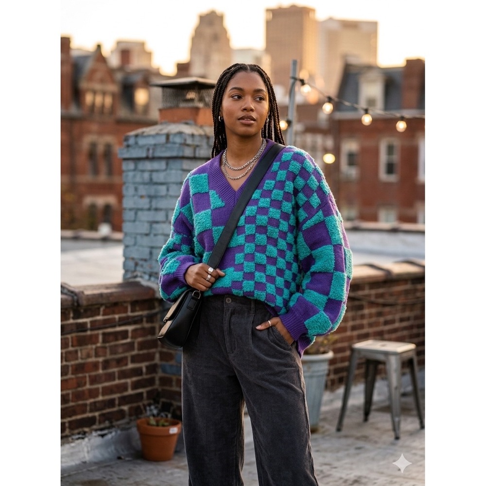 J.NNA Purple Teal‎ Checkerboard V-Neck Oversized Knit Sweater NEW